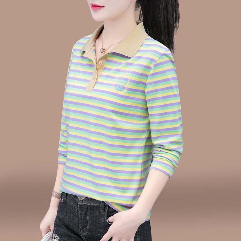 Tricou polo din bumbac, cu mâneci lungi, dungi, toamnă 2025