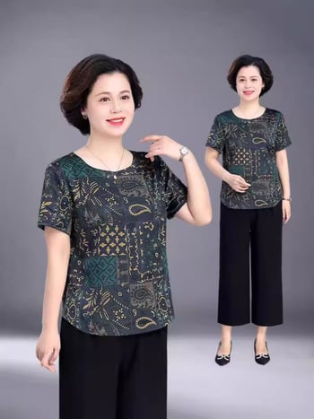 Flóra potlačené tričko z polyesteru so spandexom, voľný strih, krátke rukávy, kruhový výstrih, leto 2025