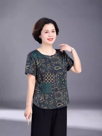 Flóra potlačené tričko z polyesteru so spandexom, voľný strih, krátke rukávy, kruhový výstrih, leto 2025