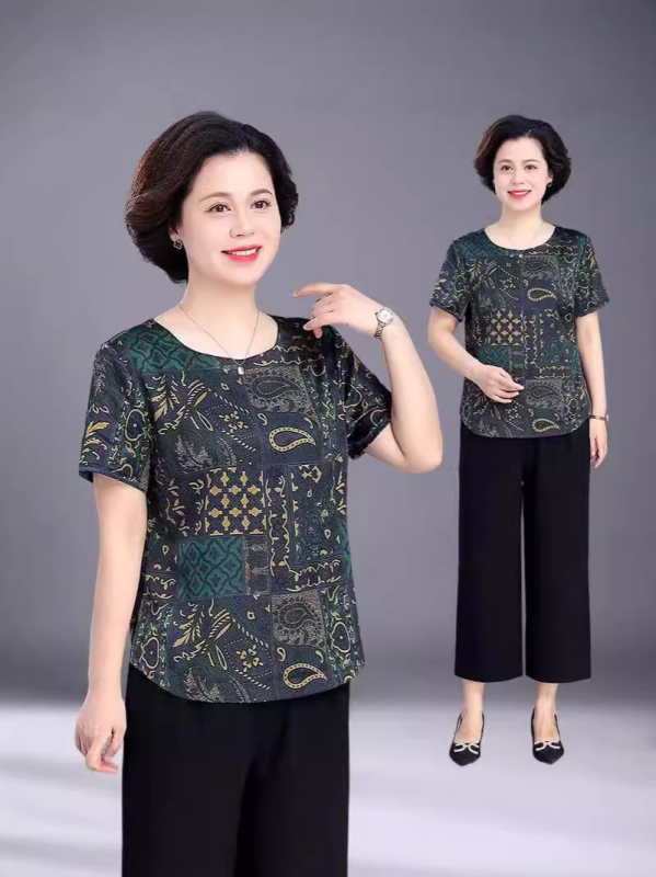 Flóra potlačené tričko z polyesteru so spandexom, voľný strih, krátke rukávy, kruhový výstrih, leto 2025