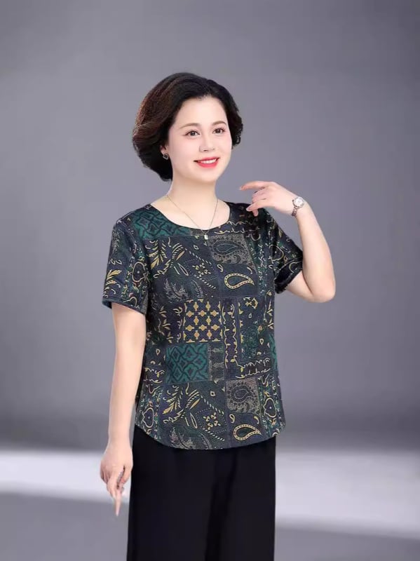 Flóra potlačené tričko z polyesteru so spandexom, voľný strih, krátke rukávy, kruhový výstrih, leto 2025