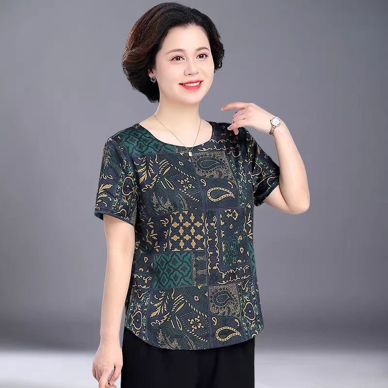 Flóra potlačené tričko z polyesteru so spandexom, voľný strih, krátke rukávy, kruhový výstrih, leto 2025