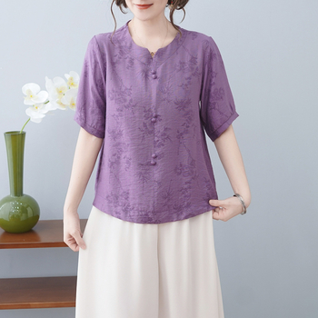 Tricou din bumbac și in cu imprimeu floral, mâneci scurte, guler rotund, stil pulover pentru mers la serviciu, lungime normală, primăvara 2025