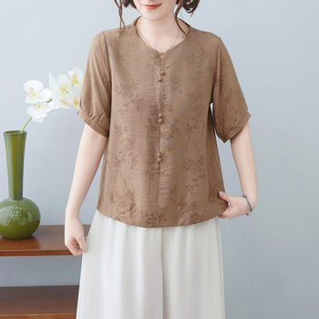 Tricou din bumbac și in cu imprimeu floral, mâneci scurte, guler rotund, stil pulover pentru mers la serviciu, lungime normală, primăvara 2025