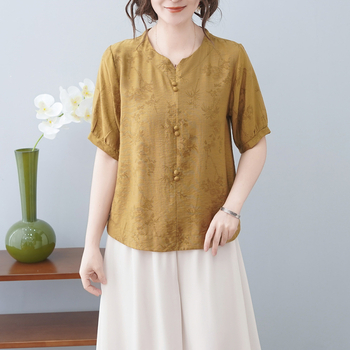 Tricou din bumbac și in cu imprimeu floral, mâneci scurte, guler rotund, stil pulover pentru mers la serviciu, lungime normală, primăvara 2025