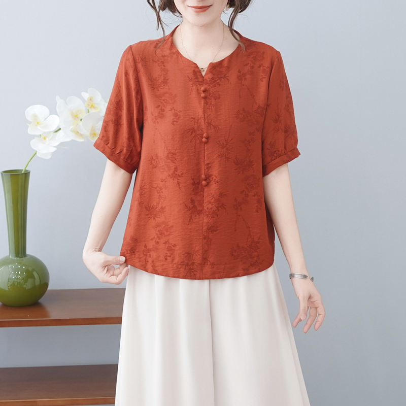 Tricou din bumbac și in cu imprimeu floral, mâneci scurte, guler rotund, stil pulover pentru mers la serviciu, lungime normală, primăvara 2025