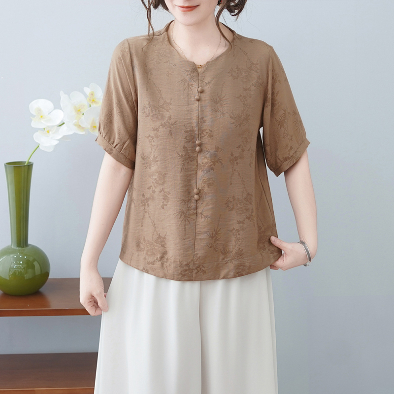 Tricou din bumbac și in cu imprimeu floral, mâneci scurte, guler rotund, stil pulover pentru mers la serviciu, lungime normală, primăvara 2025