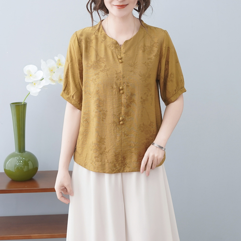 Tricou din bumbac și in cu imprimeu floral, mâneci scurte, guler rotund, stil pulover pentru mers la serviciu, lungime normală, primăvara 2025