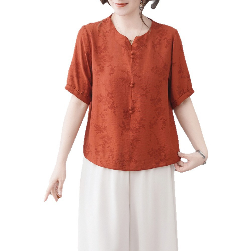 Tricou din bumbac și in cu imprimeu floral, mâneci scurte, guler rotund, stil pulover pentru mers la serviciu, lungime normală, primăvara 2025