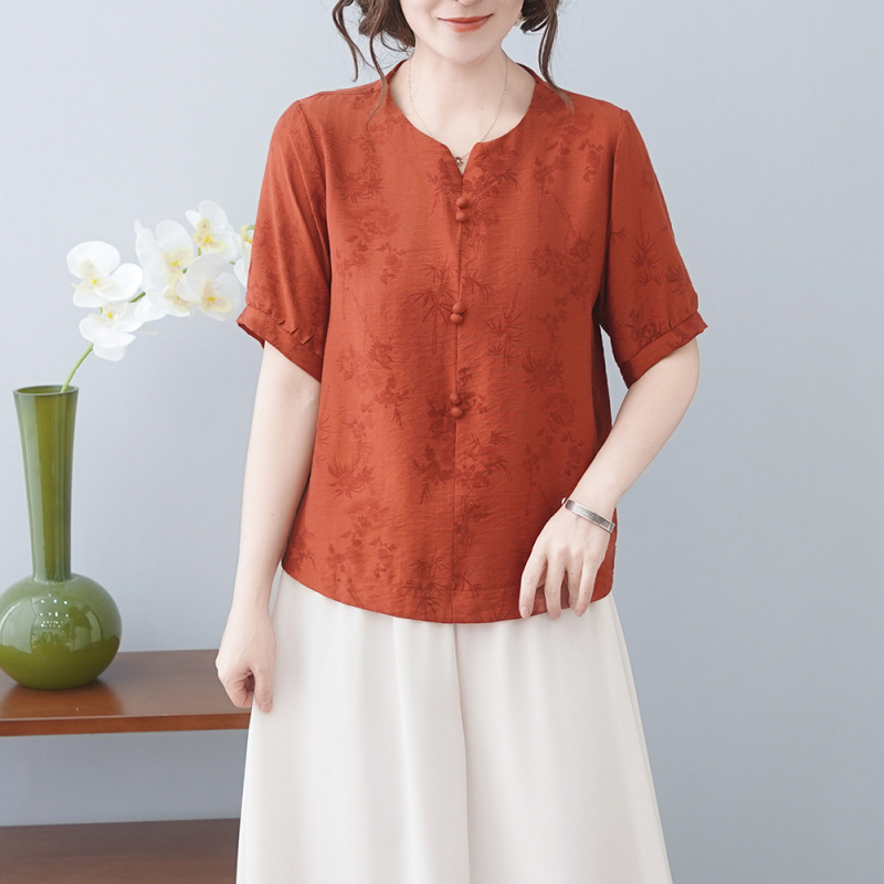 Tricou din bumbac și in cu imprimeu floral, mâneci scurte, guler rotund, stil pulover pentru mers la serviciu, lungime normală, primăvara 2025