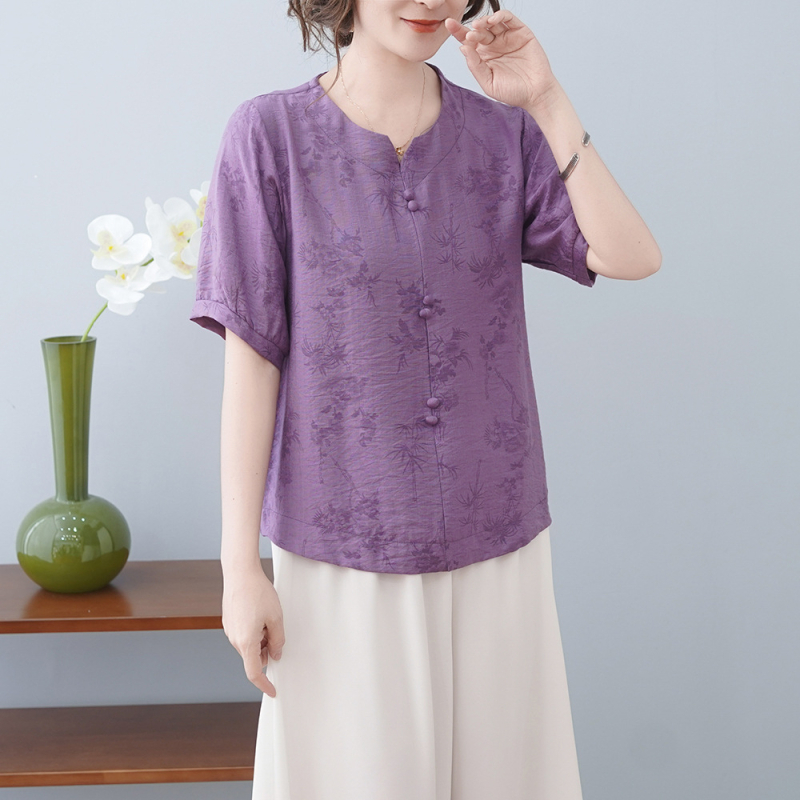 Tricou din bumbac și in cu imprimeu floral, mâneci scurte, guler rotund, stil pulover pentru mers la serviciu, lungime normală, primăvara 2025