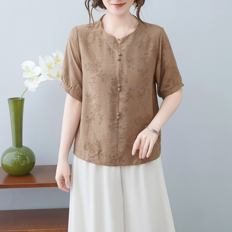 Tricou din bumbac și in cu imprimeu floral, mâneci scurte, guler rotund, stil pulover pentru mers la serviciu, lungime normală, primăvara 2025