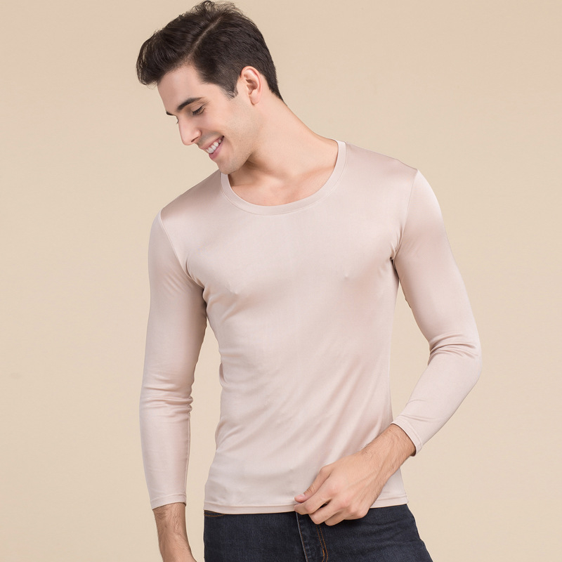 Muški T-shirt od svile Mulberry, okrugli izrez, dugi rukav, jednobojni dizajn