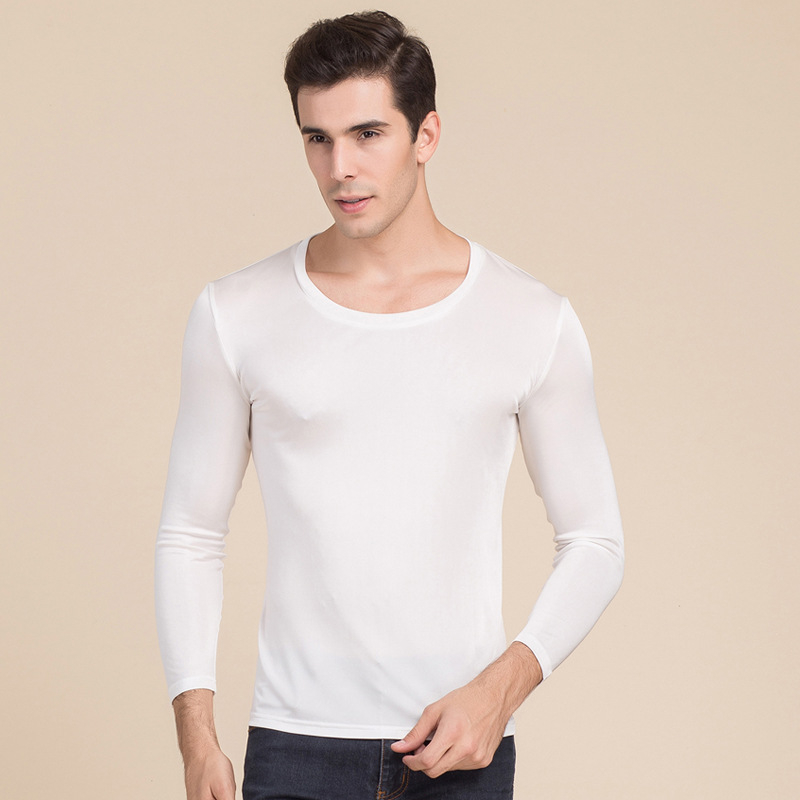 Muški T-shirt od svile Mulberry, okrugli izrez, dugi rukav, jednobojni dizajn