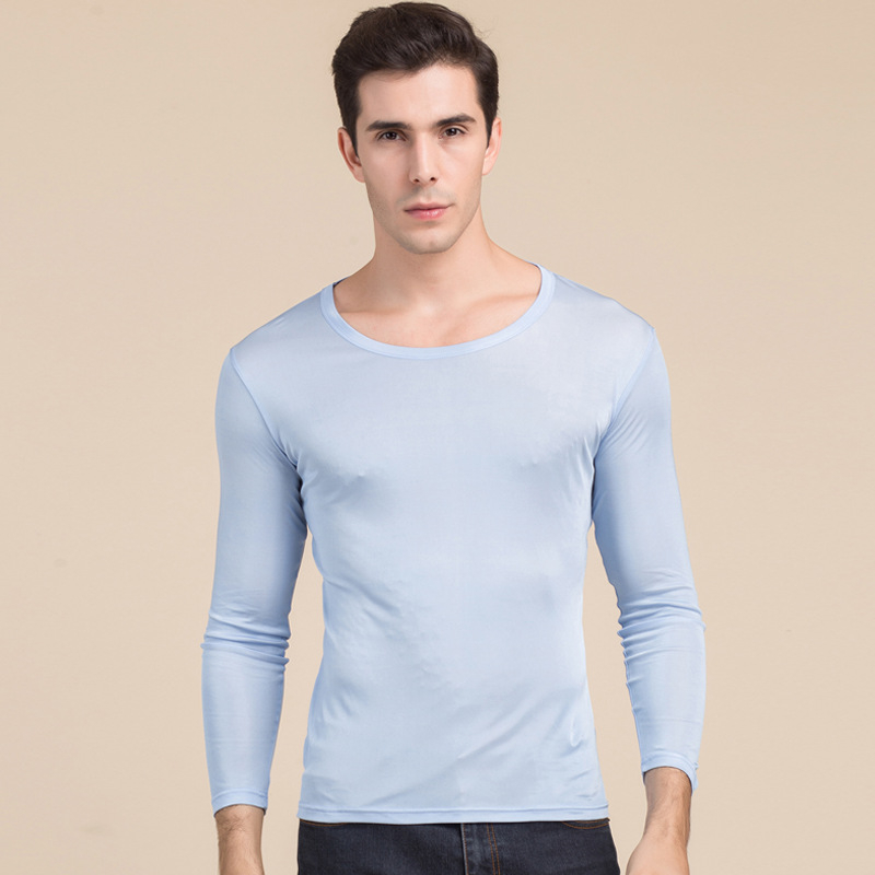 Muški T-shirt od svile Mulberry, okrugli izrez, dugi rukav, jednobojni dizajn