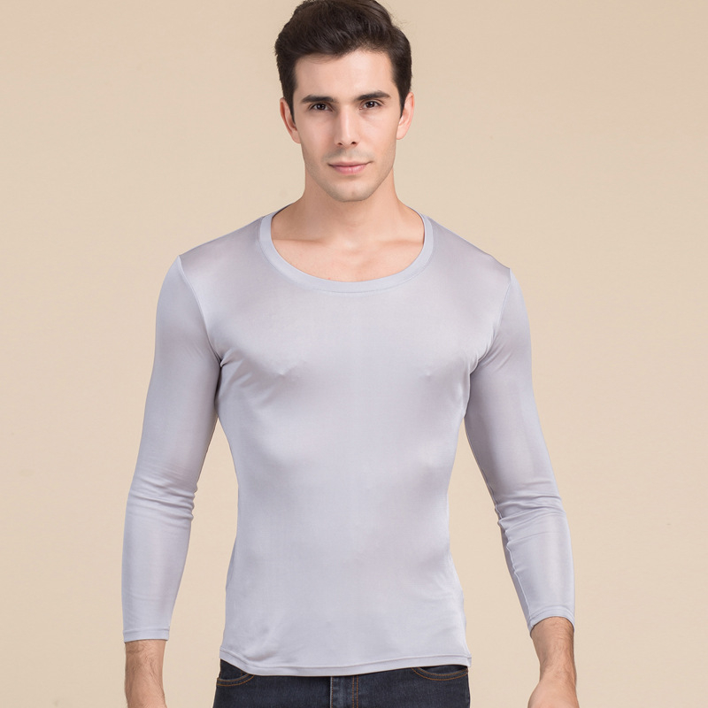 Muški T-shirt od svile Mulberry, okrugli izrez, dugi rukav, jednobojni dizajn