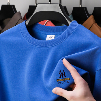 Muški jesenski pamukasti T-shirt s dugim rukavima, okrugli izrez, tiskani logotip, 96%+ pamuk, težina tkanine 350–400 g