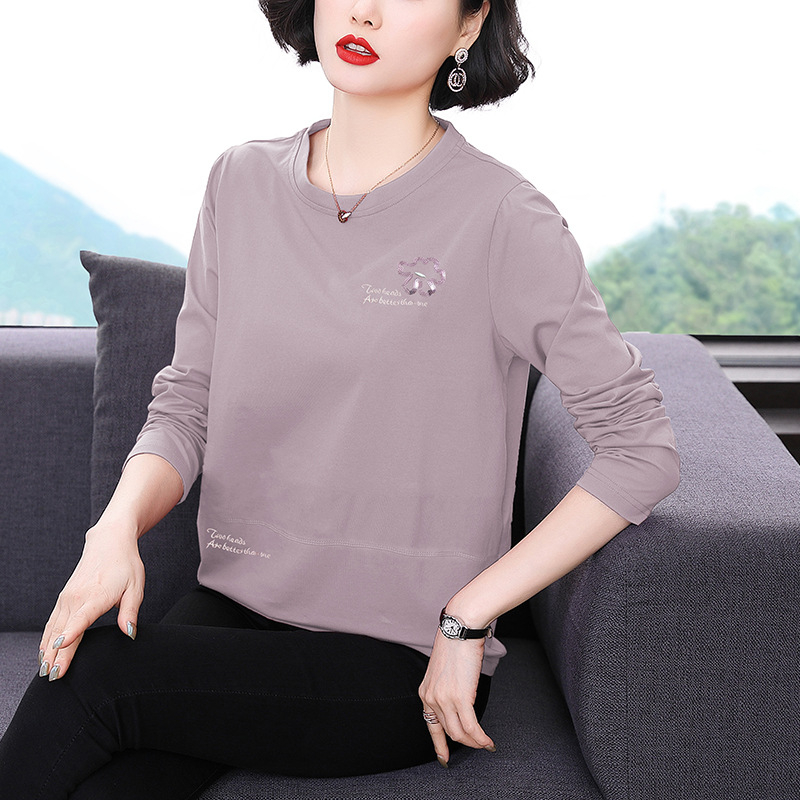 Ženski T-shirt s dugim rukavima, okrugli izrez, tekstni ispis, pamuk elastan smjesa, standardna duljina, jesen 2023