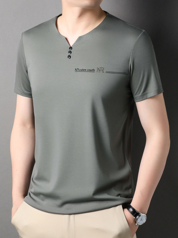 Muški T-Shirt kratkih rukava s V izrezom, ljetni jednofarbeni top od Mulberry Silk, za muškarce srednje dobi