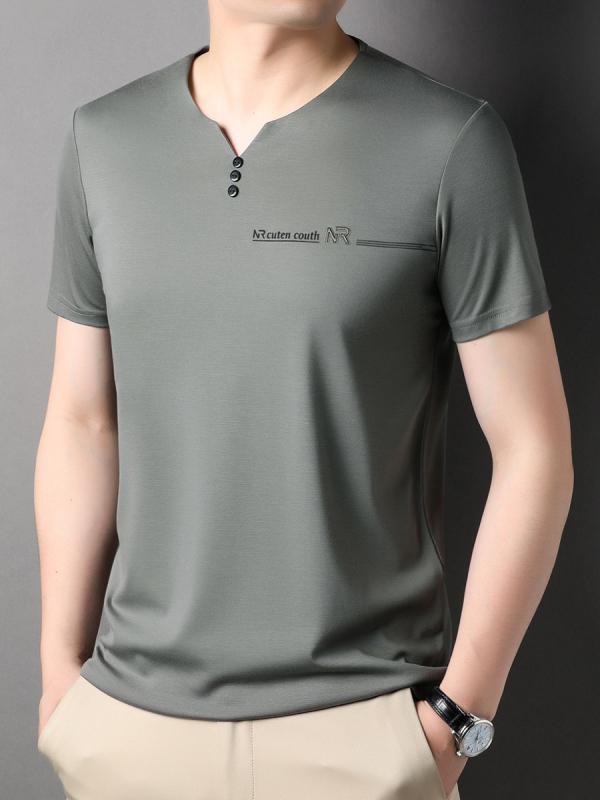 Muški T-Shirt kratkih rukava s V izrezom, ljetni jednofarbeni top od Mulberry Silk, za muškarce srednje dobi