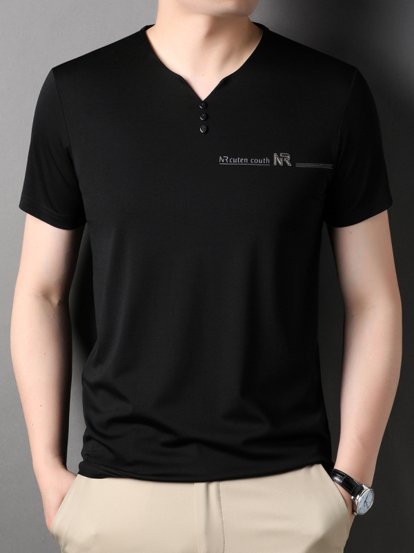 Muški T-Shirt kratkih rukava s V izrezom, ljetni jednofarbeni top od Mulberry Silk, za muškarce srednje dobi