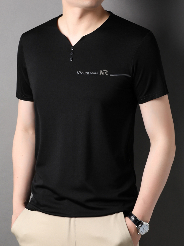 Muški T-Shirt kratkih rukava s V izrezom, ljetni jednofarbeni top od Mulberry Silk, za muškarce srednje dobi