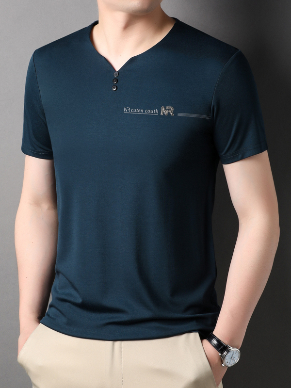 Muški T-Shirt kratkih rukava s V izrezom, ljetni jednofarbeni top od Mulberry Silk, za muškarce srednje dobi