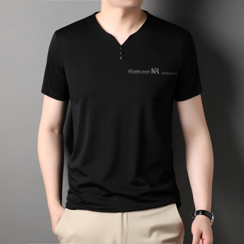 Muški T-Shirt kratkih rukava s V izrezom, ljetni jednofarbeni top od Mulberry Silk, za muškarce srednje dobi