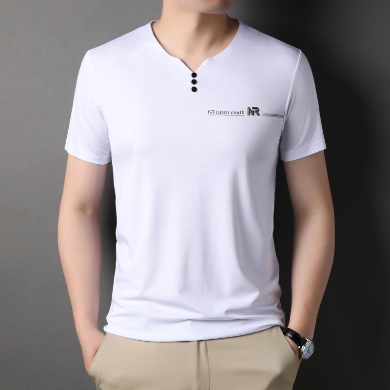 Muški T-Shirt kratkih rukava s V izrezom, ljetni jednofarbeni top od Mulberry Silk, za muškarce srednje dobi