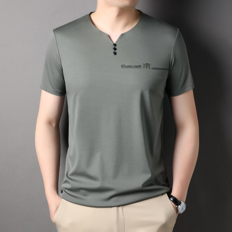 Muški T-Shirt kratkih rukava s V izrezom, ljetni jednofarbeni top od Mulberry Silk, za muškarce srednje dobi