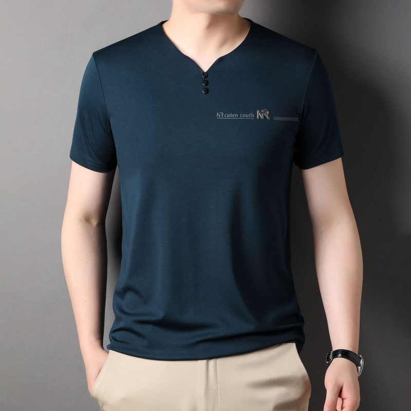 Muški T-Shirt kratkih rukava s V izrezom, ljetni jednofarbeni top od Mulberry Silk, za muškarce srednje dobi