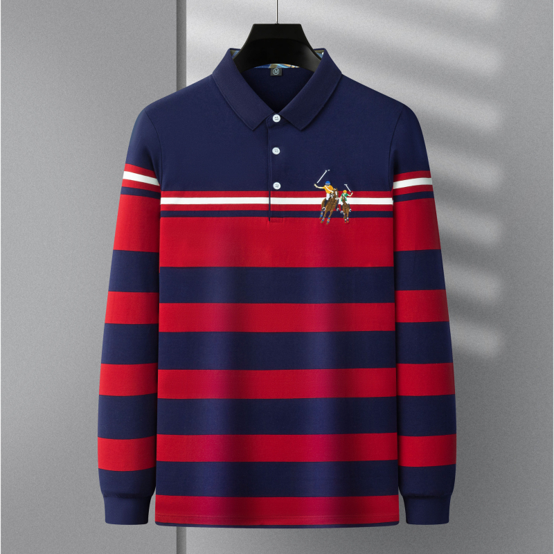 Shenglifa Slim Tricou bărbătesc cu dungi, mâneci lungi, din amestec de bumbac – primăvara 2025