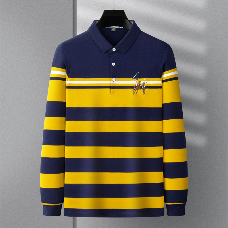 Shenglifa Slim Tricou bărbătesc cu dungi, mâneci lungi, din amestec de bumbac – primăvara 2025