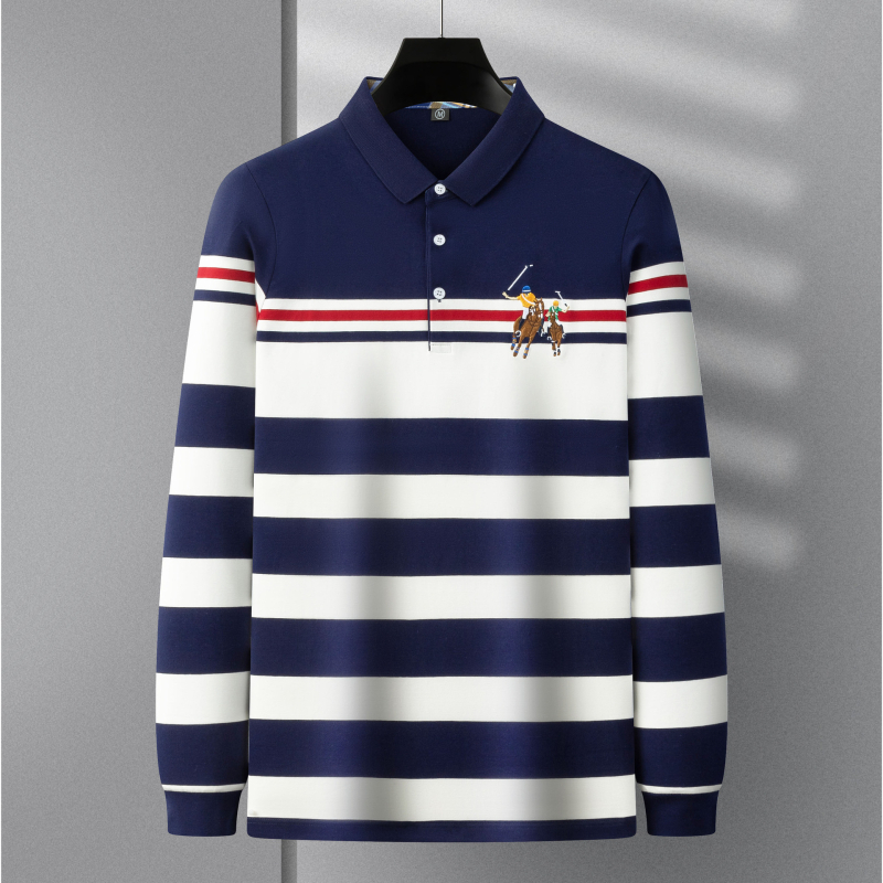 Shenglifa Slim Tricou bărbătesc cu dungi, mâneci lungi, din amestec de bumbac – primăvara 2025