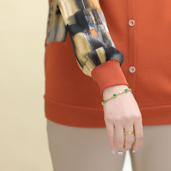 Дамска базова тениска с дълги ръкави, геометричен принт, кръгло деколте, полиестер (>95%), елегантен стил, пролет 2025