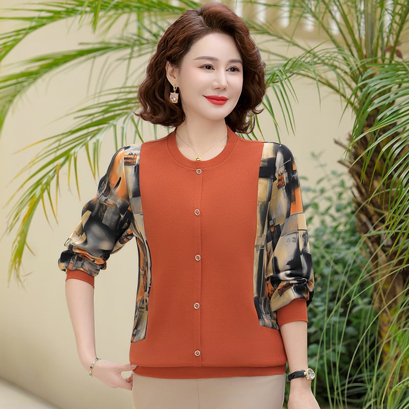 Дамска базова тениска с дълги ръкави, геометричен принт, кръгло деколте, полиестер (>95%), елегантен стил, пролет 2025