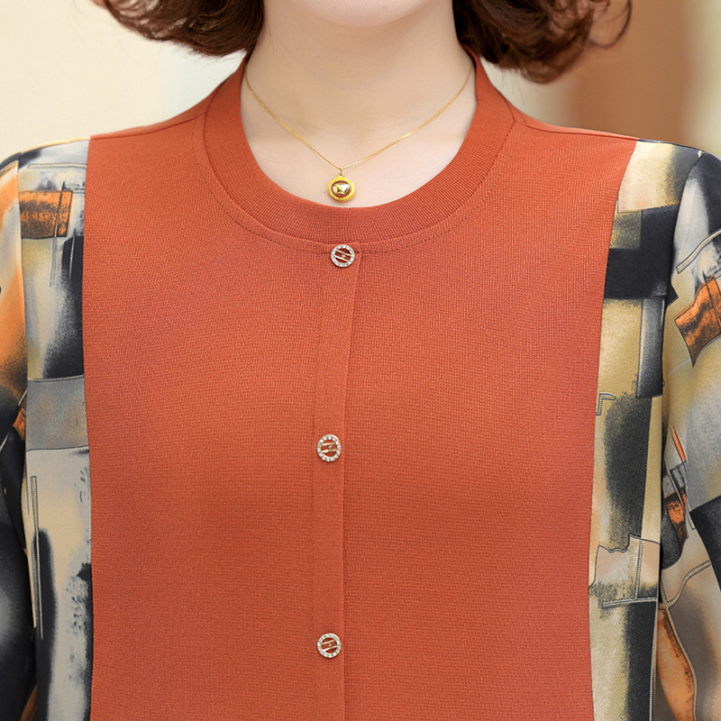 Дамска базова тениска с дълги ръкави, геометричен принт, кръгло деколте, полиестер (>95%), елегантен стил, пролет 2025