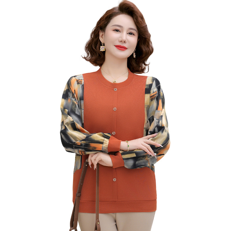 Дамска базова тениска с дълги ръкави, геометричен принт, кръгло деколте, полиестер (>95%), елегантен стил, пролет 2025