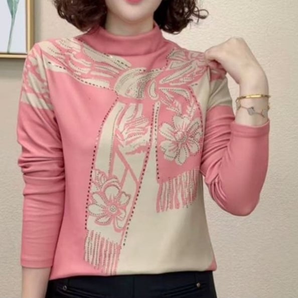 Majica s dugim rukavima, udoban kroj, casual pulover stil, polu-visoki ovratnik, normalna duljina (50-65 cm)