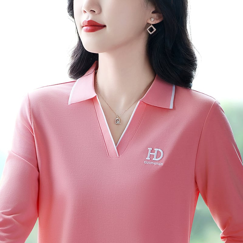 Női hosszú ujjú T-shirt, polo gallér, 90–95% pamut, 2025 tavasz