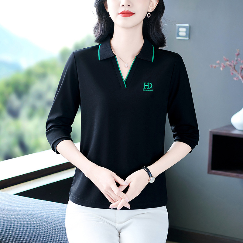 Női hosszú ujjú T-shirt, polo gallér, 90–95% pamut, 2025 tavasz