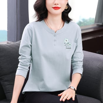 Női pamut felső — hosszú ujjú, laza szabás, hímzett, kerek nyakú, 95% pamut/spandex keverék, Ősz 2025