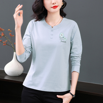 Női pamut felső — hosszú ujjú, laza szabás, hímzett, kerek nyakú, 95% pamut/spandex keverék, Ősz 2025