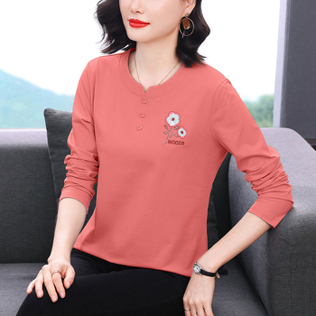 Női pamut felső — hosszú ujjú, laza szabás, hímzett, kerek nyakú, 95% pamut/spandex keverék, Ősz 2025