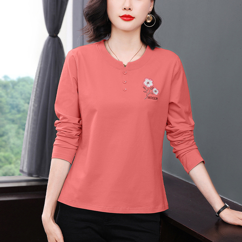 Női pamut felső — hosszú ujjú, laza szabás, hímzett, kerek nyakú, 95% pamut/spandex keverék, Ősz 2025