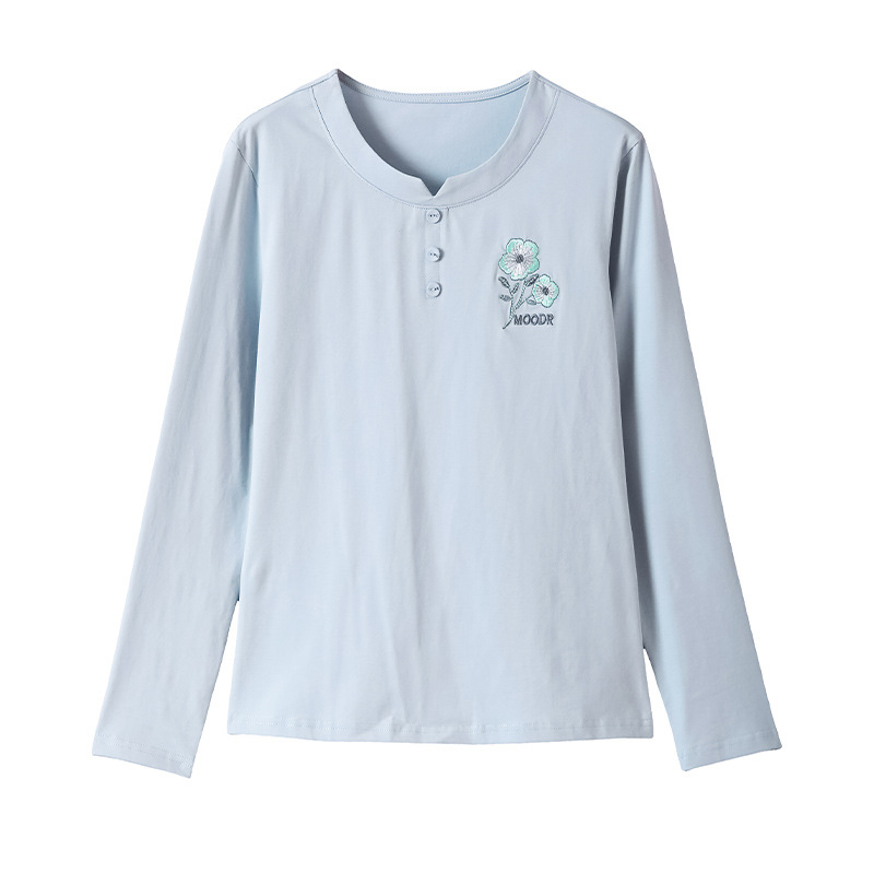 Női pamut felső — hosszú ujjú, laza szabás, hímzett, kerek nyakú, 95% pamut/spandex keverék, Ősz 2025