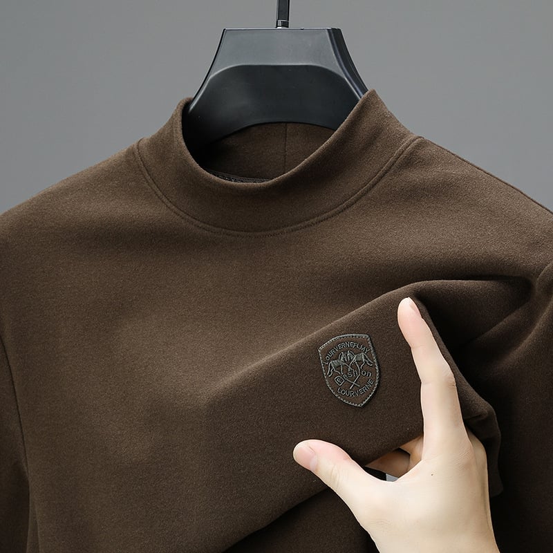 Pamutkeverék anyagú póló hímzett emblémával, kerek nyakú, hosszú ujjú, ősz-téli szezonra