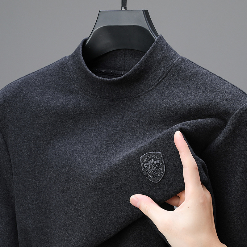 Pamutkeverék anyagú póló hímzett emblémával, kerek nyakú, hosszú ujjú, ősz-téli szezonra