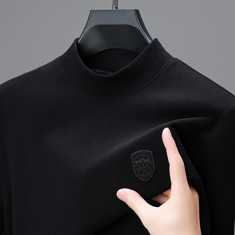 Pamutkeverék anyagú póló hímzett emblémával, kerek nyakú, hosszú ujjú, ősz-téli szezonra