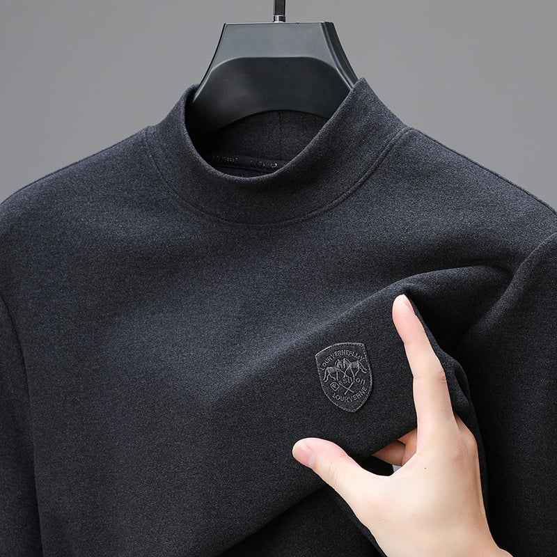 Pamutkeverék anyagú póló hímzett emblémával, kerek nyakú, hosszú ujjú, ősz-téli szezonra